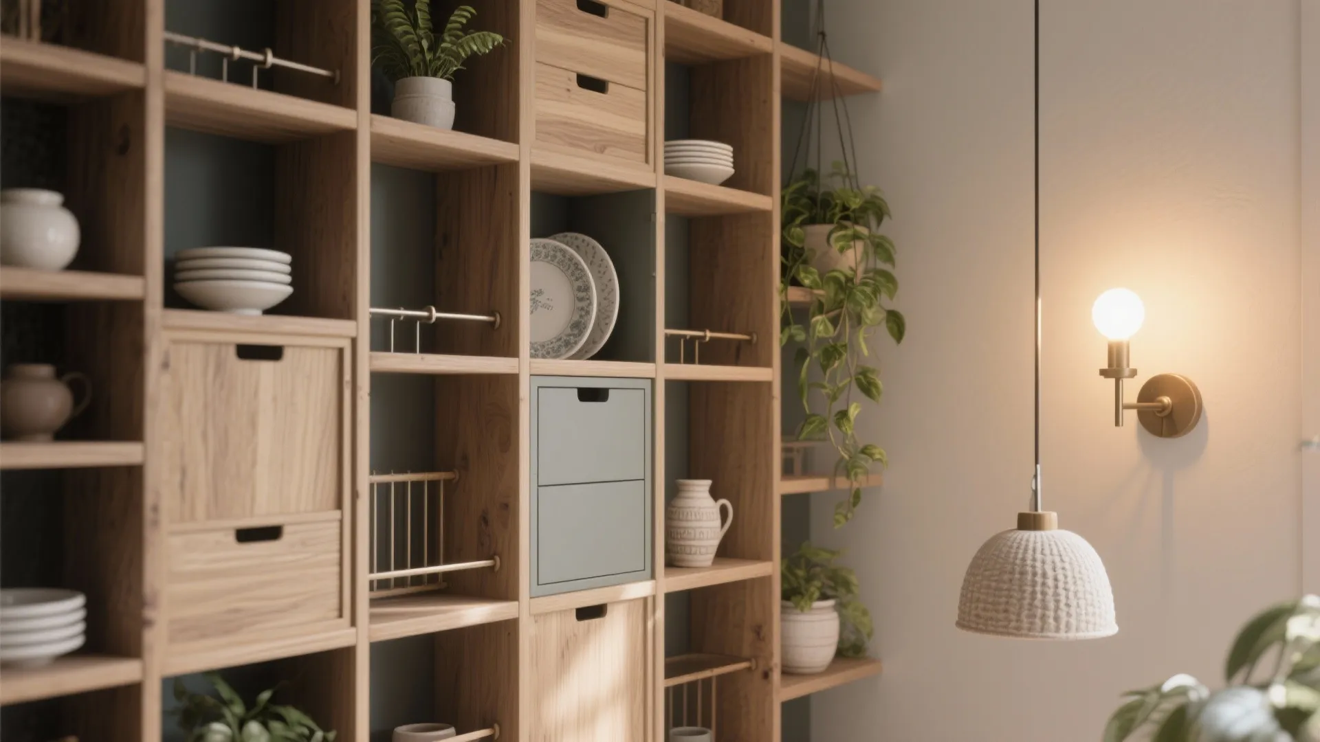 Wooden wall shelf unit with drawers, plates, plants, and hanging light fixture in home interior