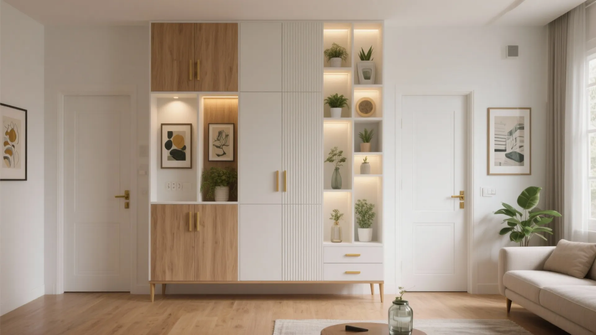 Modern white and wooden wall cabinet with light shelves plants and sofa in bright room