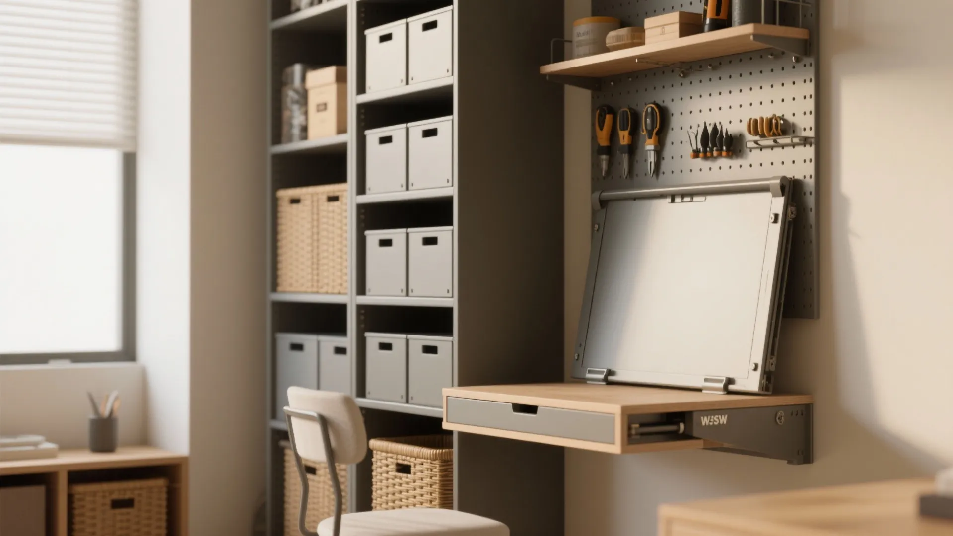 Modern home storage wall with grey cabinet boxes wooden shelves and a small wall mounted desk