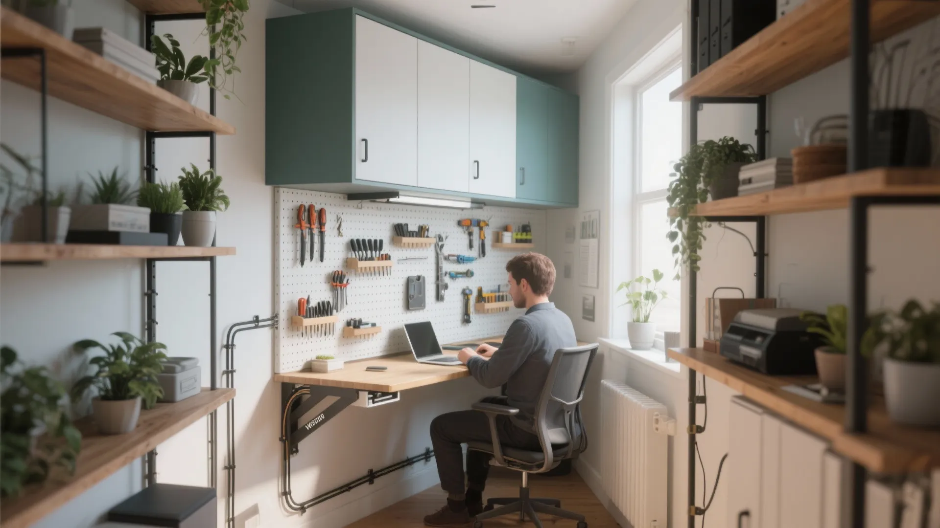 Man working at home office desk with pegboard tool storage wall cabinets and wooden shelves