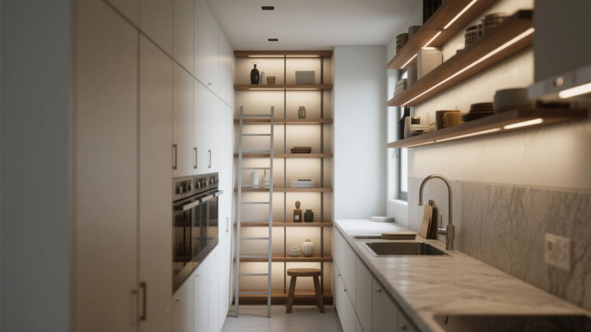 3. Go vertical — deep shelves and hidden cabinets