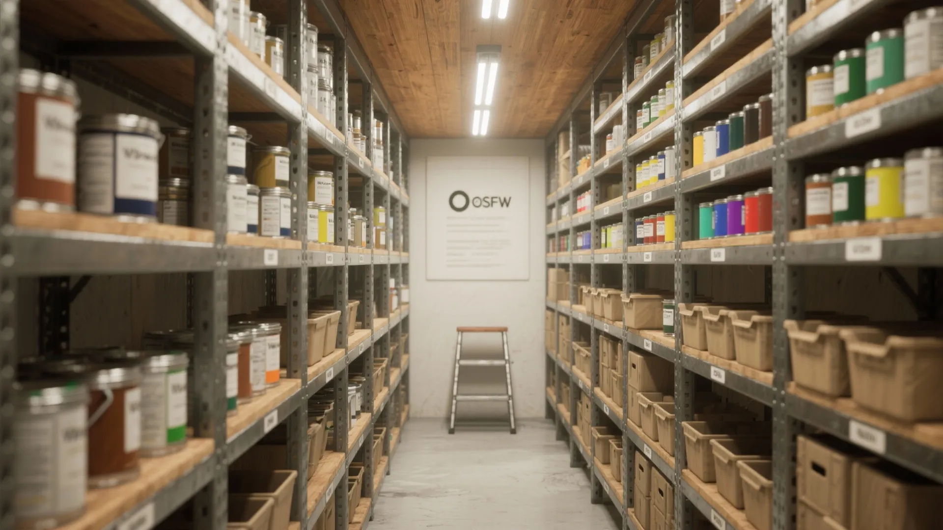 Organized storage room with metal shelves holding paint cans and bins under bright ceiling lights