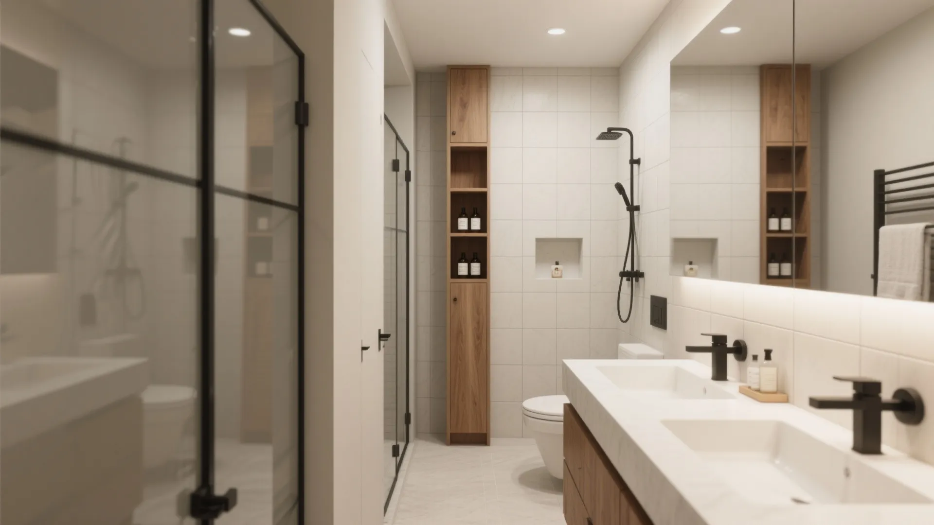 Narrow bathroom design with tall wooden storage cabinet double sink white tiles and a glass shower