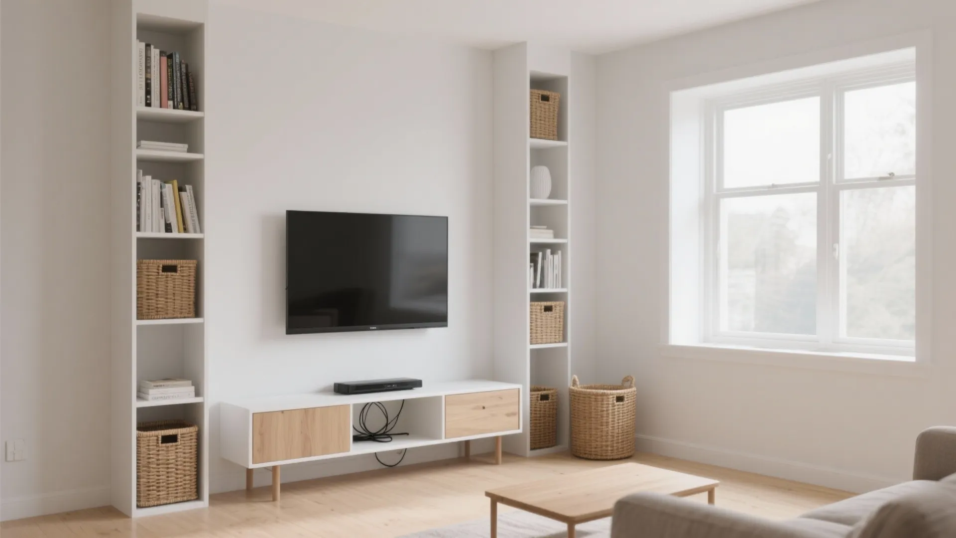 Vertical storage and a slim media wall