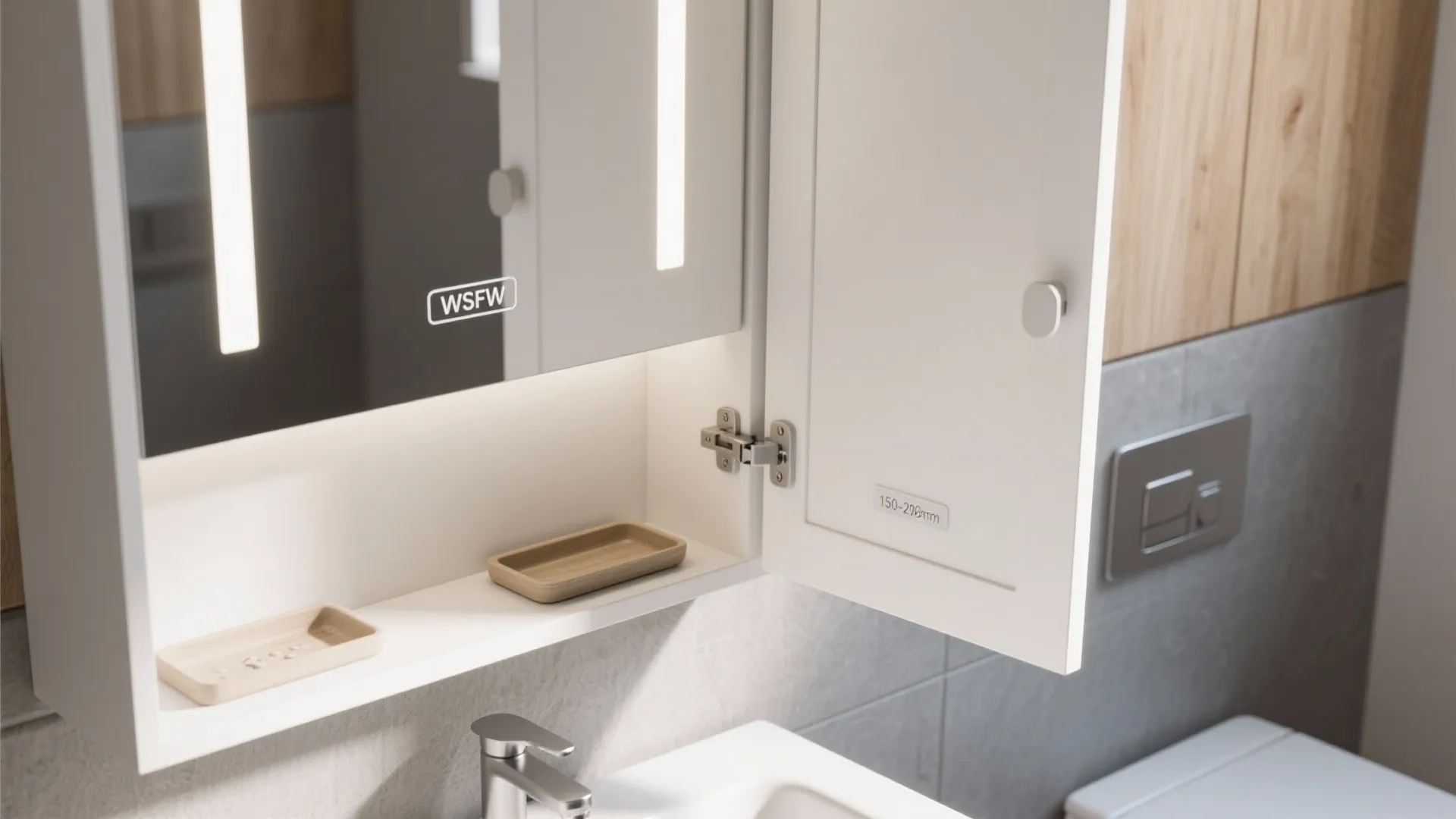 Open white bathroom wall cabinet with mirror and light showing wooden soap trays inside storage