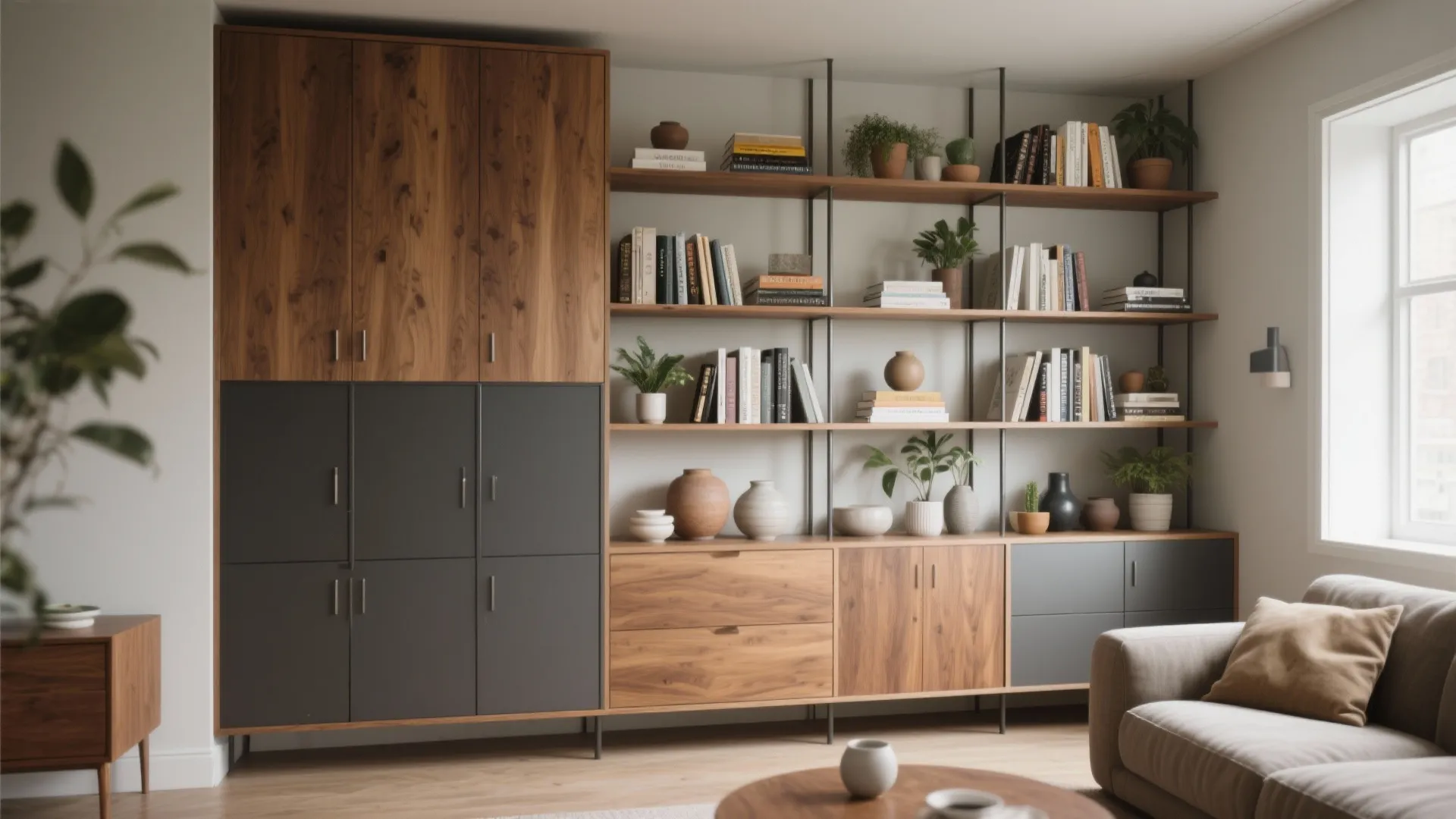Large wooden and grey wall cabinet system with open shelves for books and decorative home items
