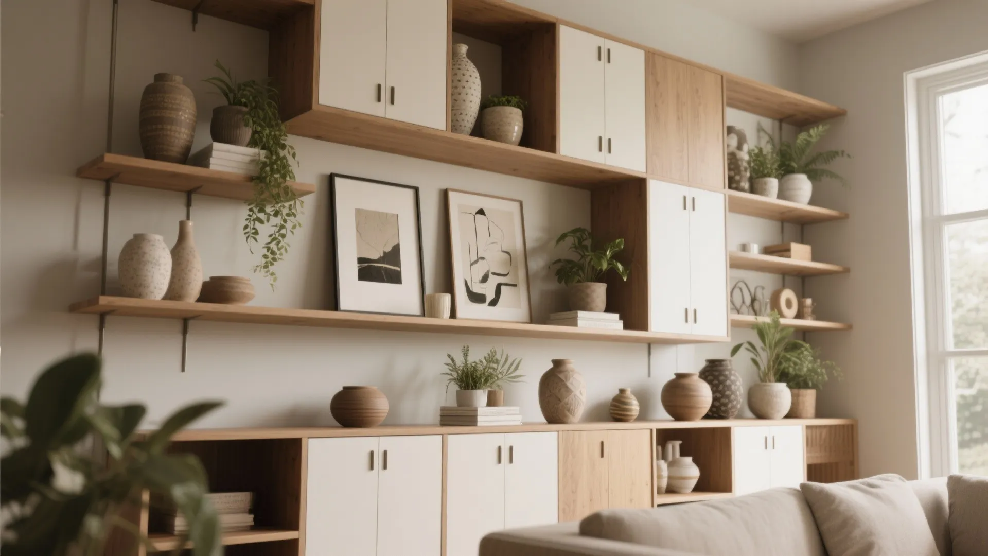 Tall shelving with a mix of closed cabinets and curated open vignettes in a small living room.