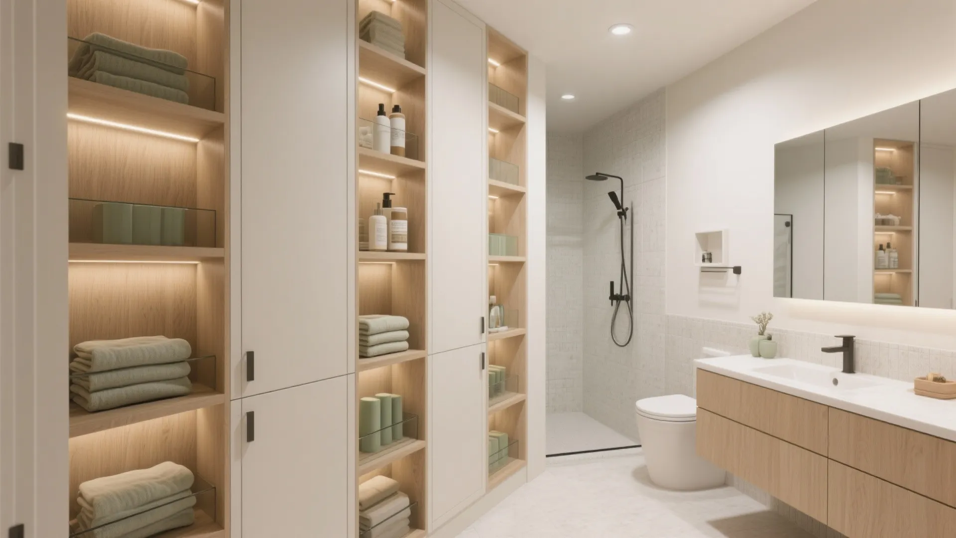 2. Go vertical: tall cabinets, niches, and recessed medicine storage