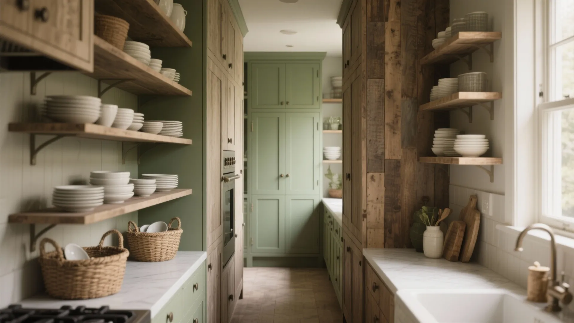 Narrow green kitchen with wooden shelves, white plates, marble countertops, tall cabinets, and natural light