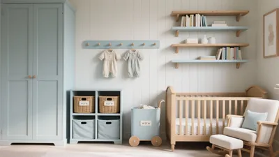 Calm Nursery Design with Soft Blue and Natural Wood