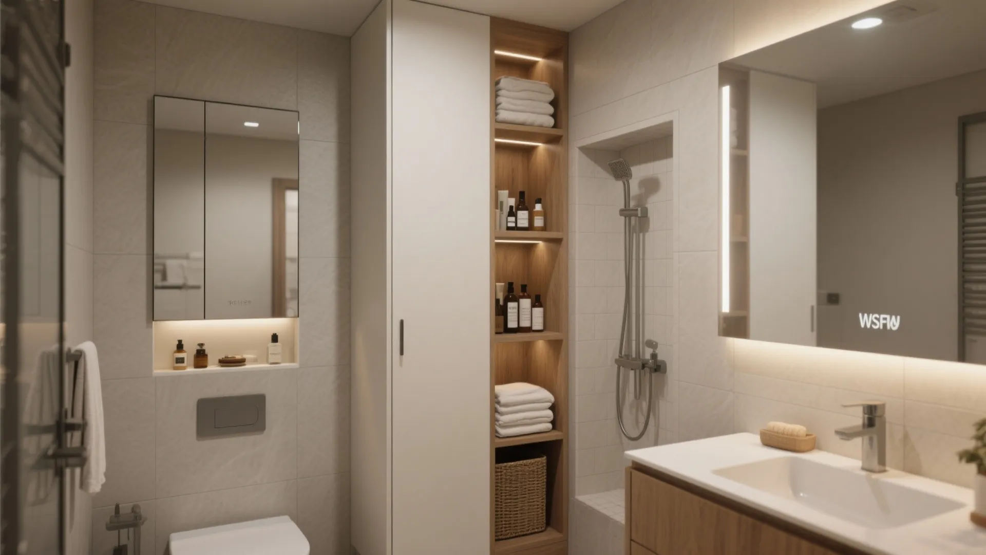 Modern bathroom layout with white toilet, tall wooden storage shelves, shower, and lighted wall mirror