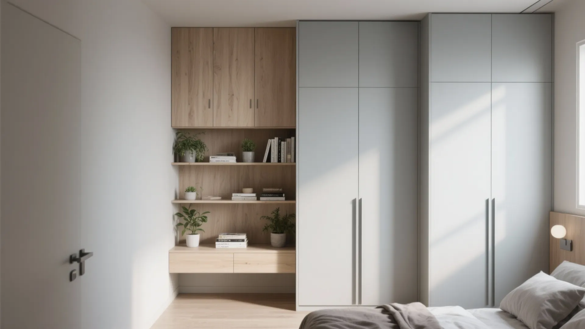 2. Maximize vertical storage with open shelving and concealed cabinets