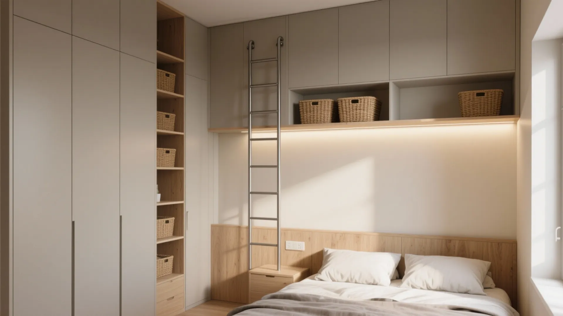 Floor‑to‑ceiling cabinets with a sliding ladder and high shelf above the bed to maximize vertical storage.
