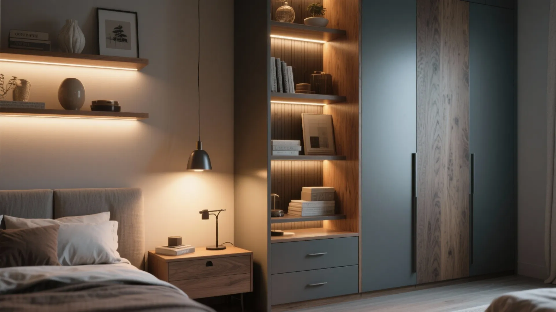 4. Use Vertical Storage and Layered Lighting