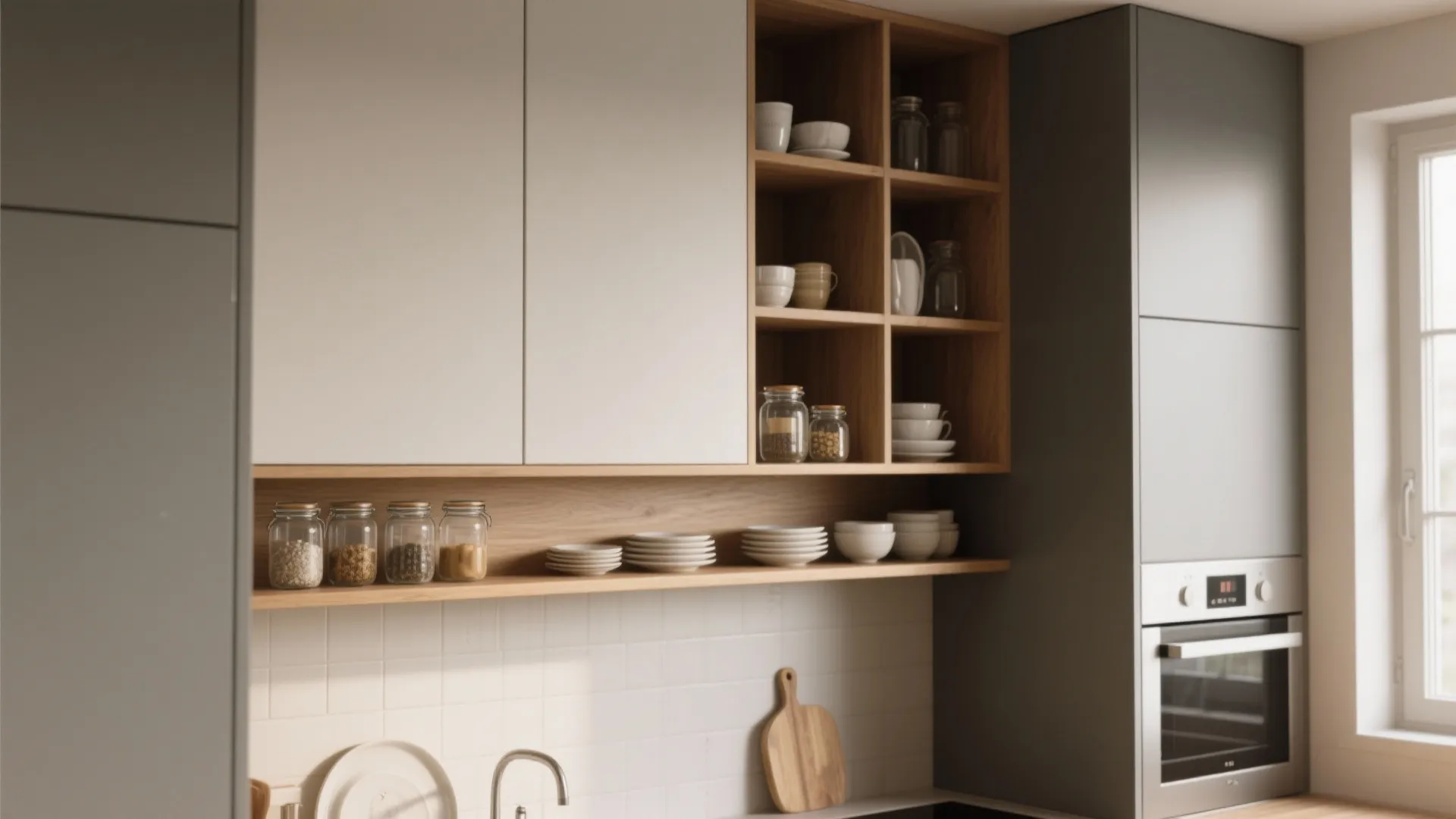 Floor-to-ceiling cabinets and open wood shelves with clear containers in a compact kitchen, balancing storage and lightness.