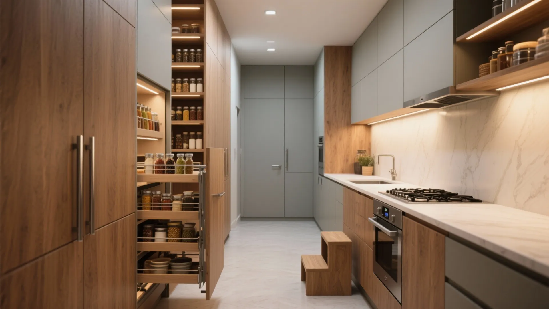 Eye-level view of tall cabinets and a pull-out pantry in a galley kitchen showcasing vertical, organized storage.