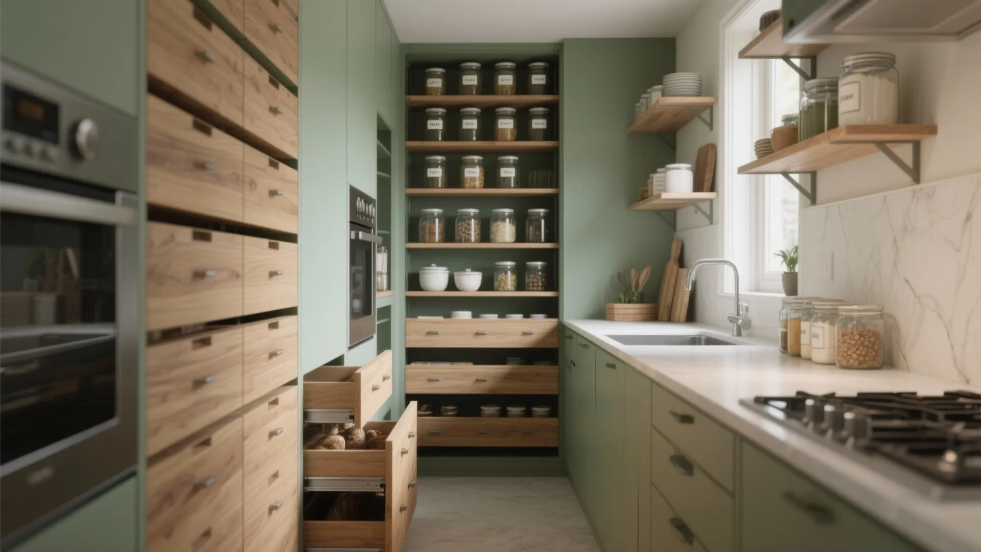 Modern green kitchen pantry featuring wooden drawers and open shelves filled with glass storage jars