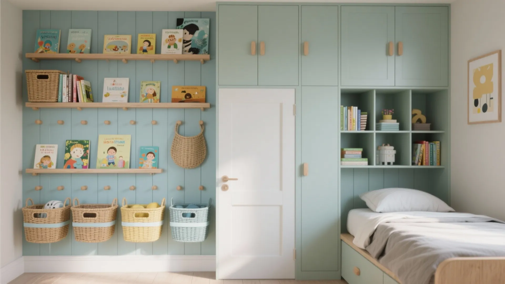 Kids bedroom with light blue wall panel plus wooden shelves and woven baskets for storage
