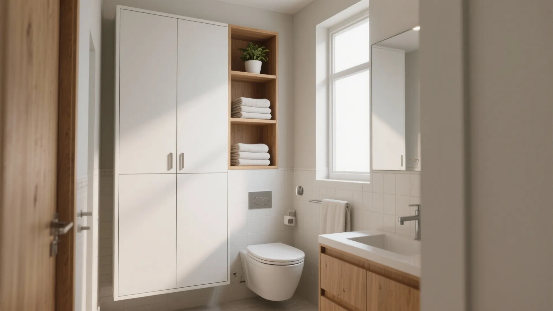 Modern white bathroom with tall storage cabinet wooden shelves white toilet sink and large window