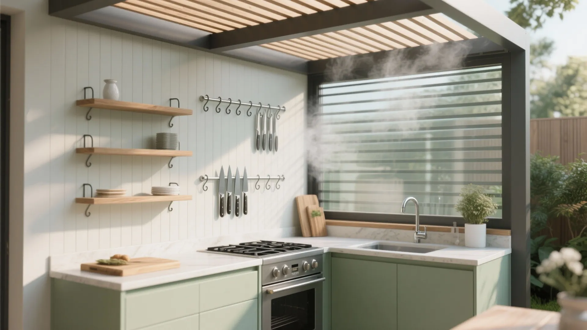 Bright outdoor kitchen with green cabinets wooden wall shelves hanging knife racks and a sink
