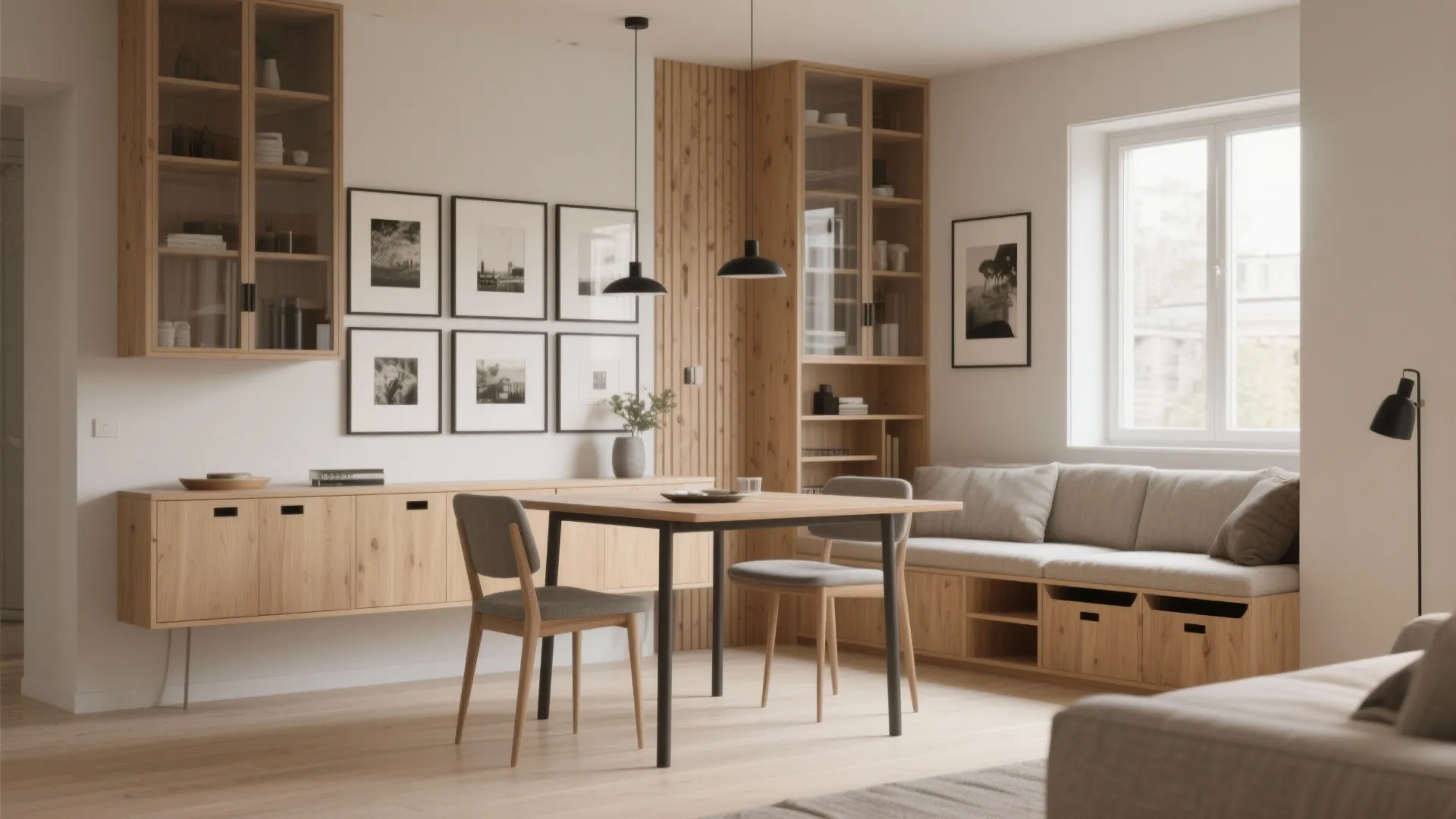 Built-ins, vertical storage, and warm details