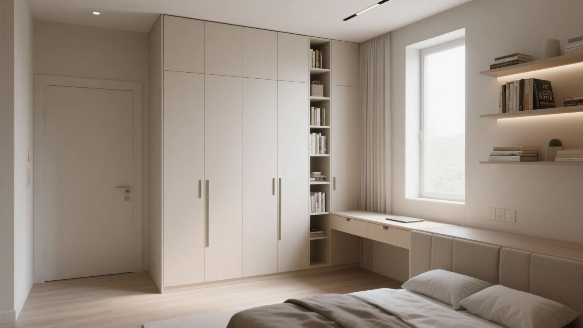 Square bedroom with floor-to-ceiling cabinets, wall shelves and a slim desk to maximize space