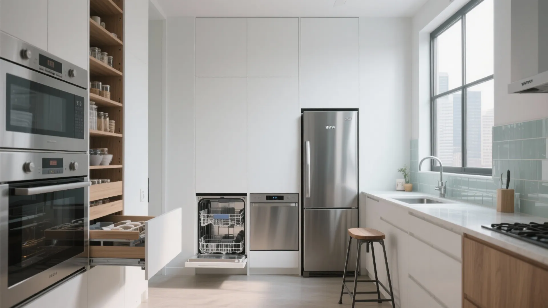 Modern white kitchen showing tall wooden pantry shelves open drawer silver fridge dishwasher and window