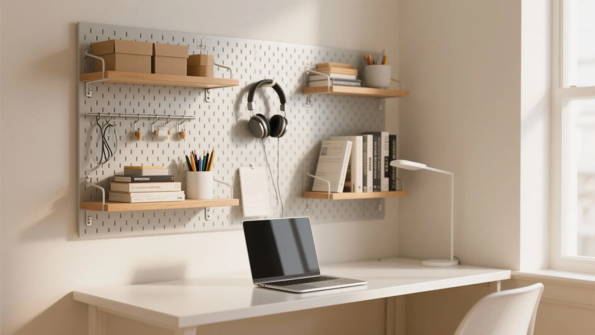 Slim Vertical Storage: Pegboards, Rails, and Over-Desk Shelves