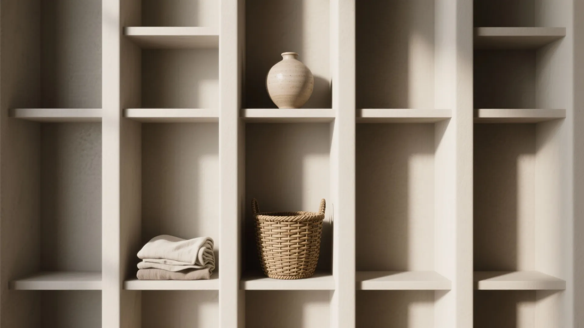 Tall narrow shelving with single vase and basket in a minimalist Japanese bedroom