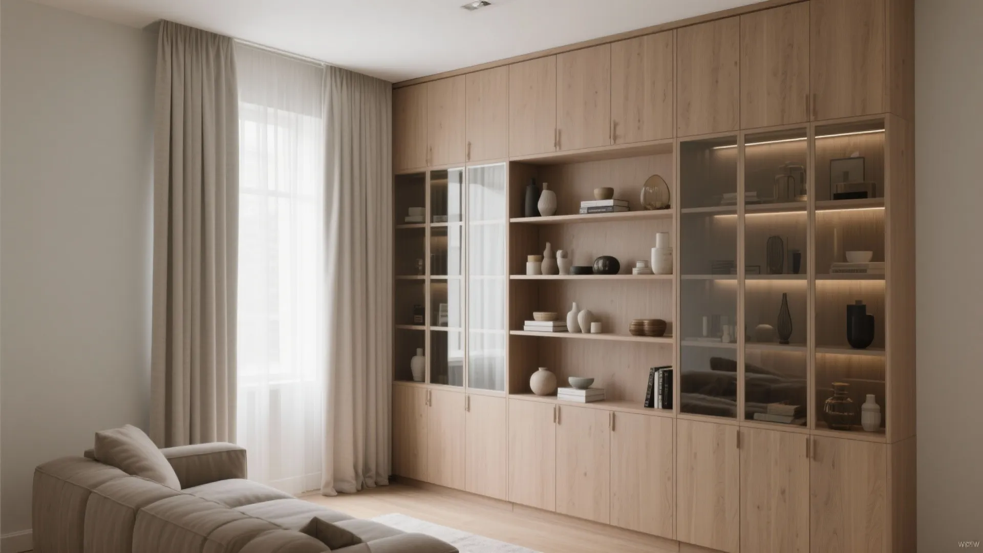 Large wooden wall cabinet with glass doors and built-in lighting next to a beige sofa