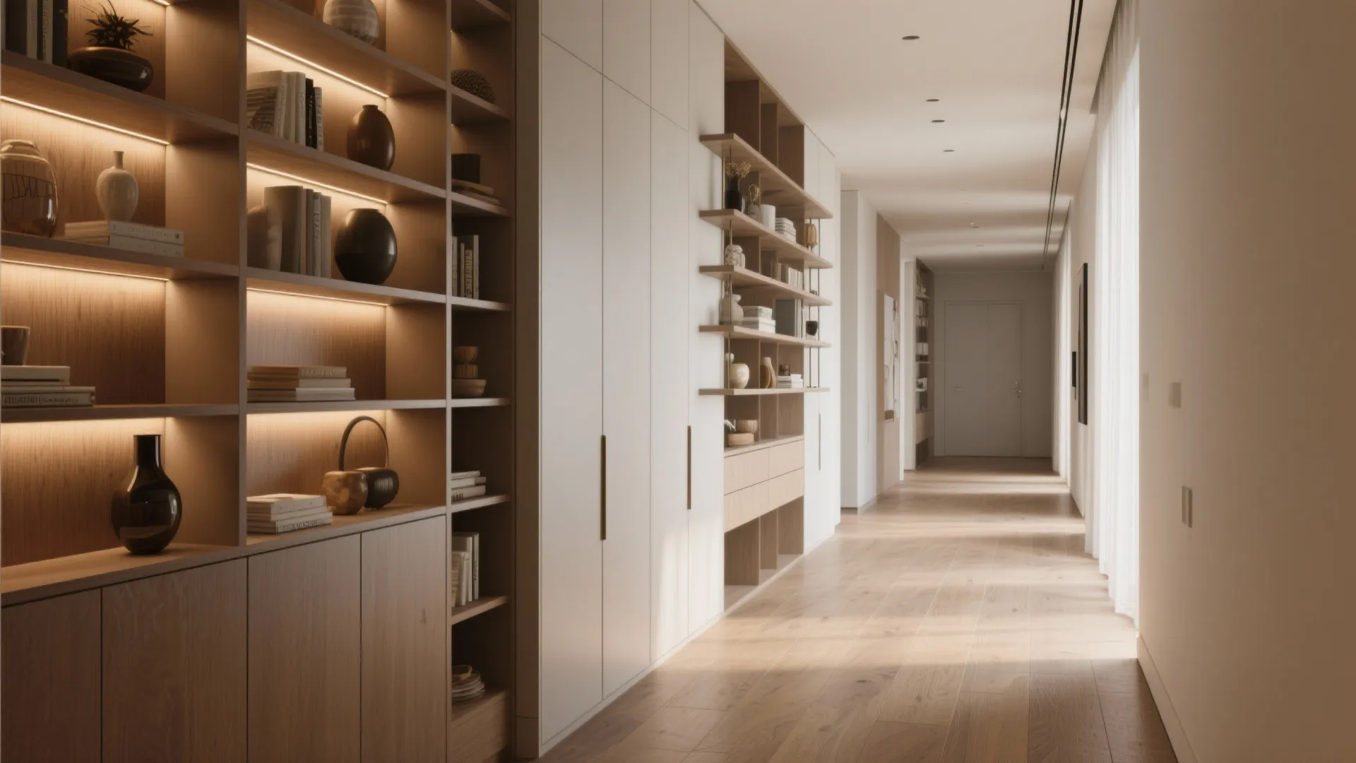 Bright hallway with floor to ceiling white cabinets and wooden display shelves with integrated warm lighting