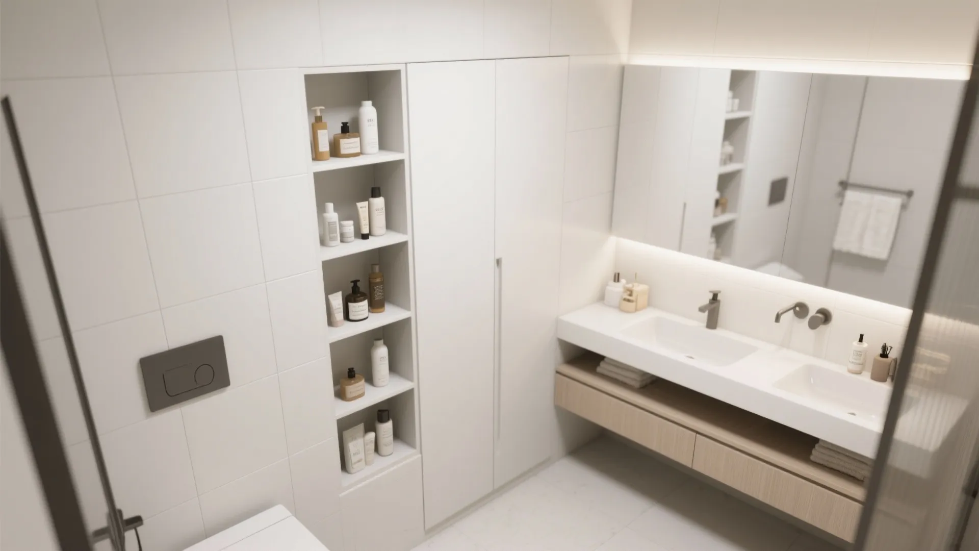 Slim recessed shelves and a tall cabinet integrated into white tiled wall to maximize storage