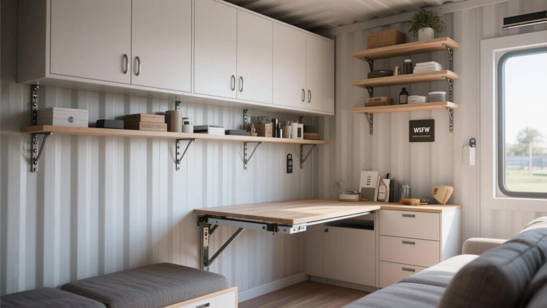 Floor-to-ceiling cabinets and floating shelves optimizing vertical storage in a container home