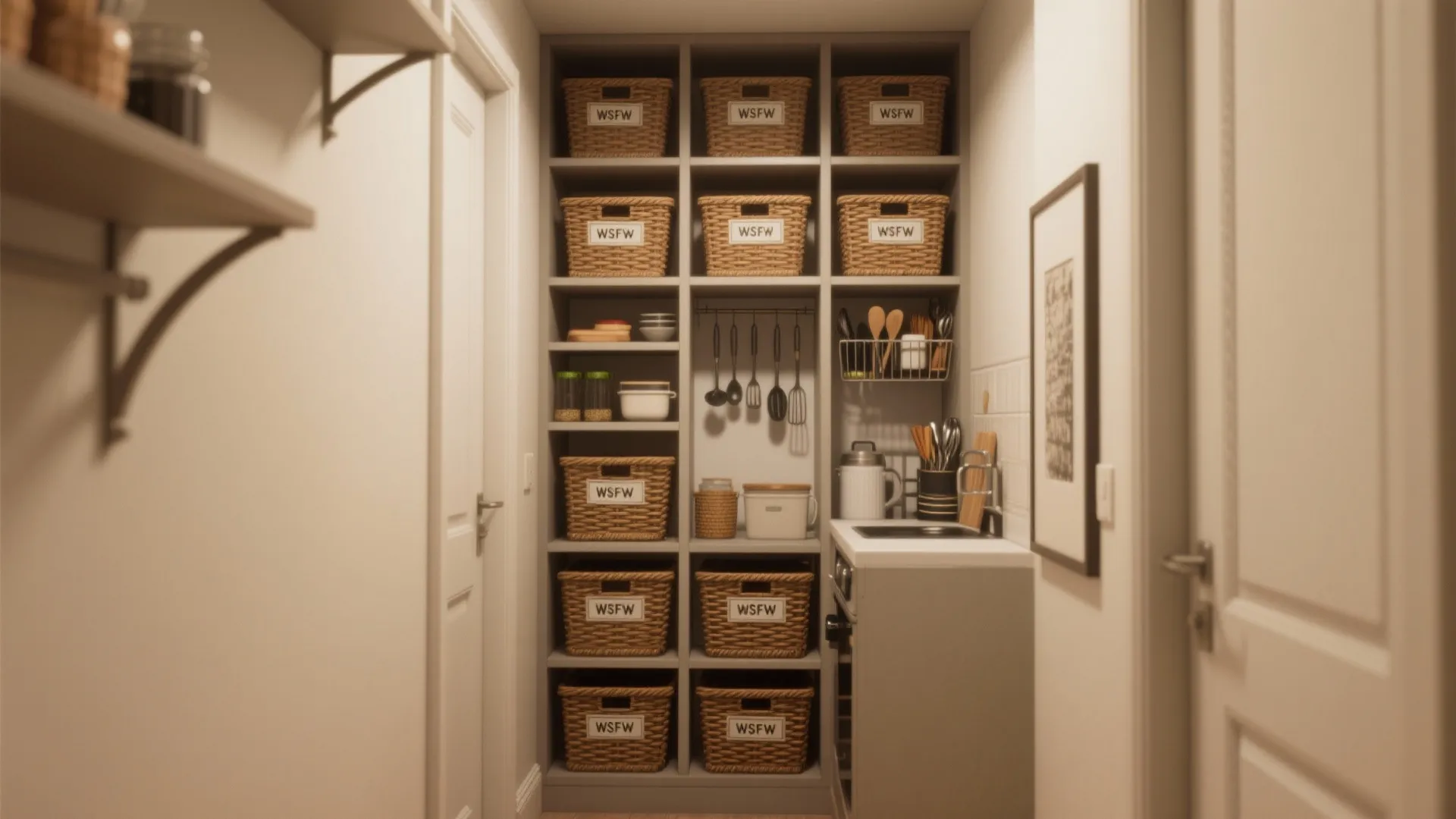 Tall pantry and overhead shelves maximizing vertical storage in a small apartment