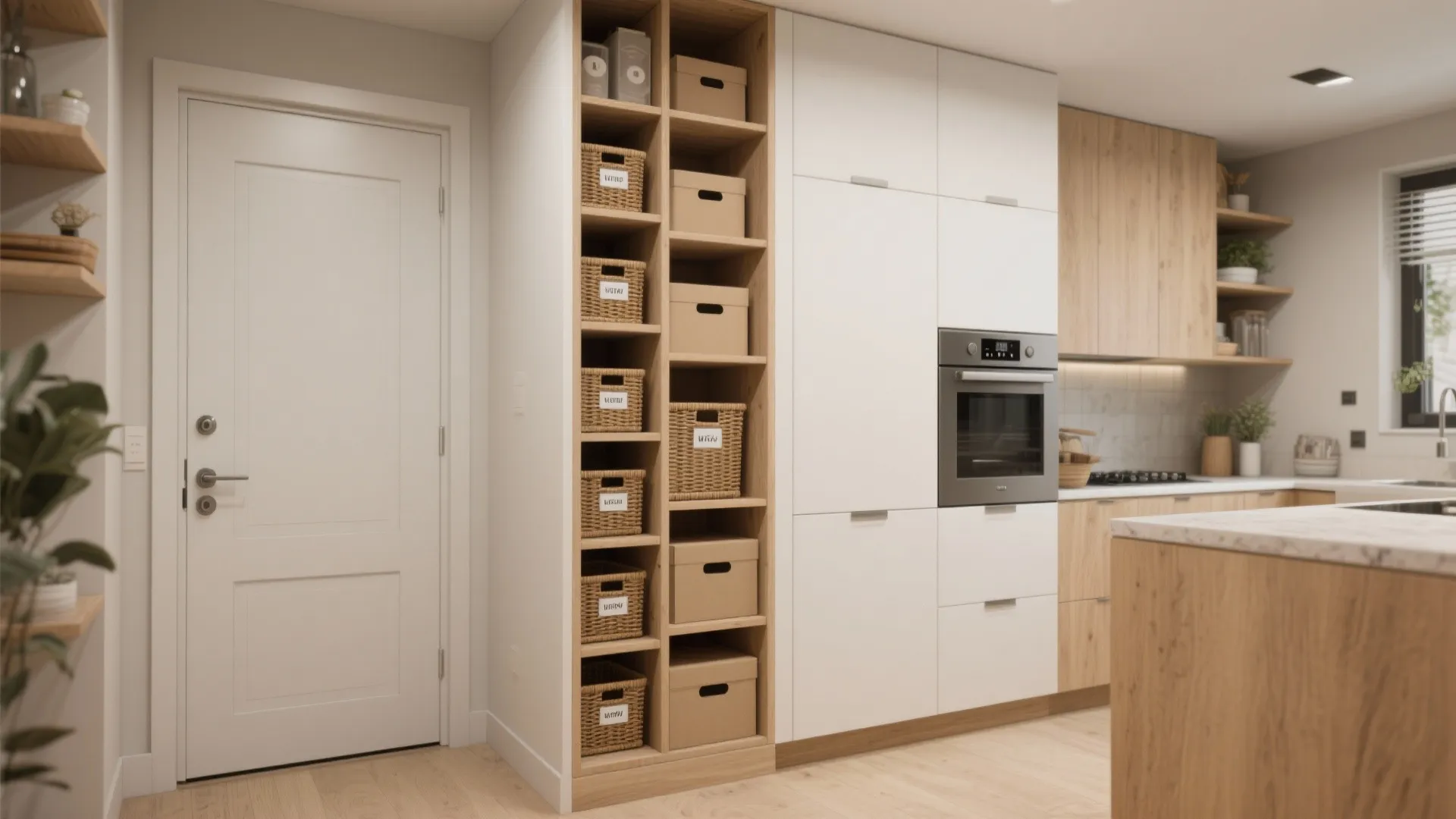 Floor-to-ceiling built-in cabinetry and appliance towers maximizing vertical storage in a small apartment.