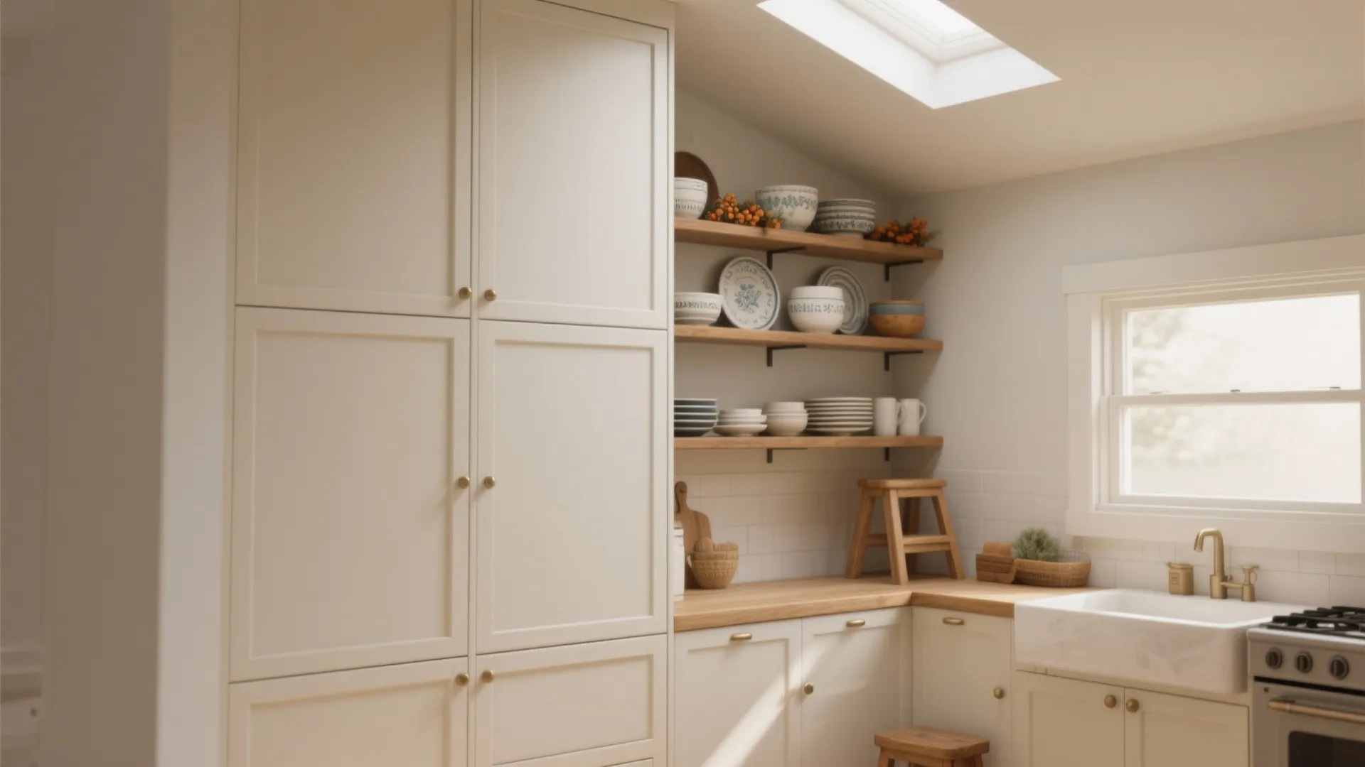 Cream kitchen with tall cabinets wooden shelves white sink gold faucet and bright roof window