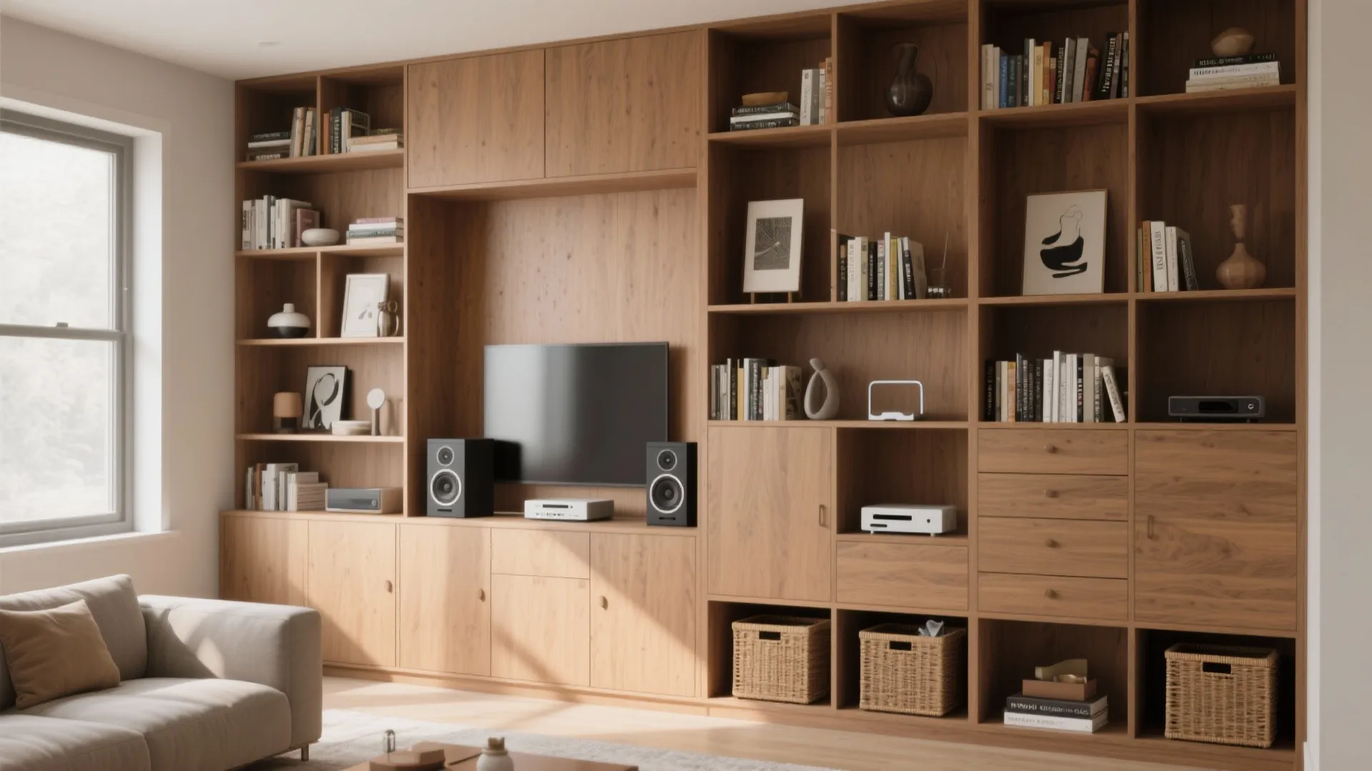 Floor-to-ceiling shelves with a mix of closed cabinets and open display maximize storage in a small living room.