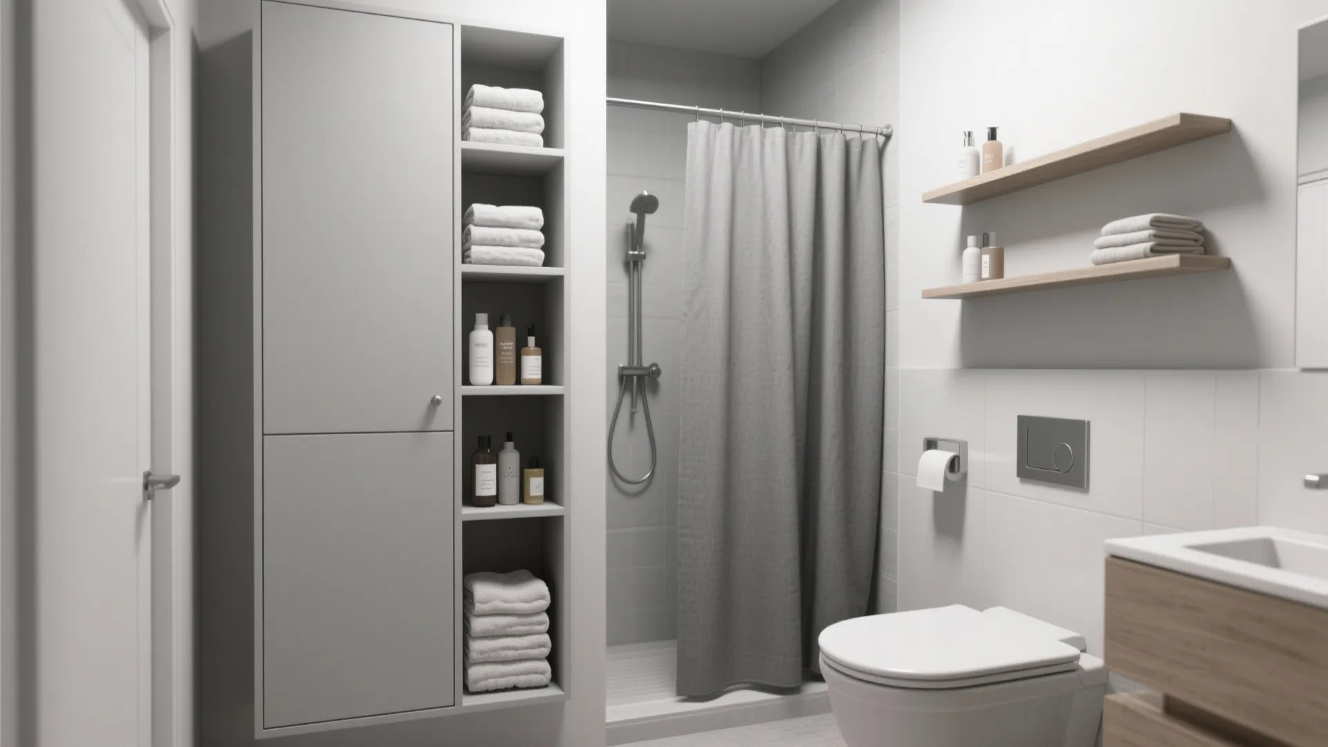 Modern bathroom featuring grey tall cabinet open shelves with towels shower curtain and white toilet