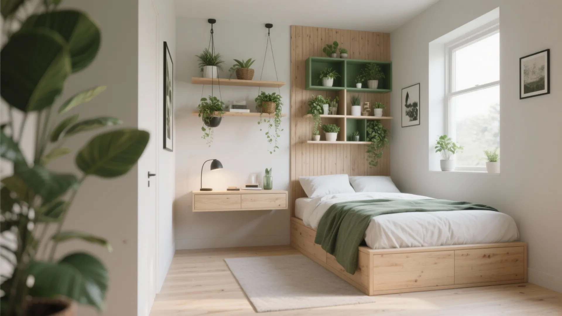 Small bedroom showcasing wall-mounted shelves, floating nightstand, and hanging plants to free floor space.