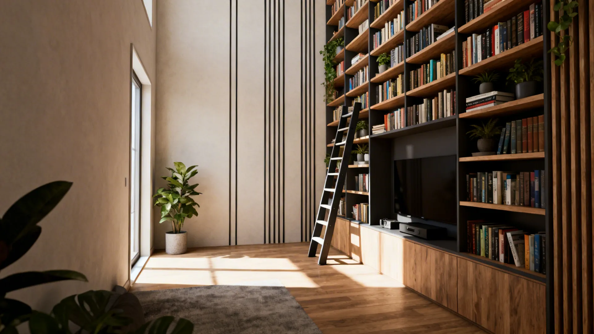Floor-to-ceiling slim shelving with books and plants freeing floor space in a small living room