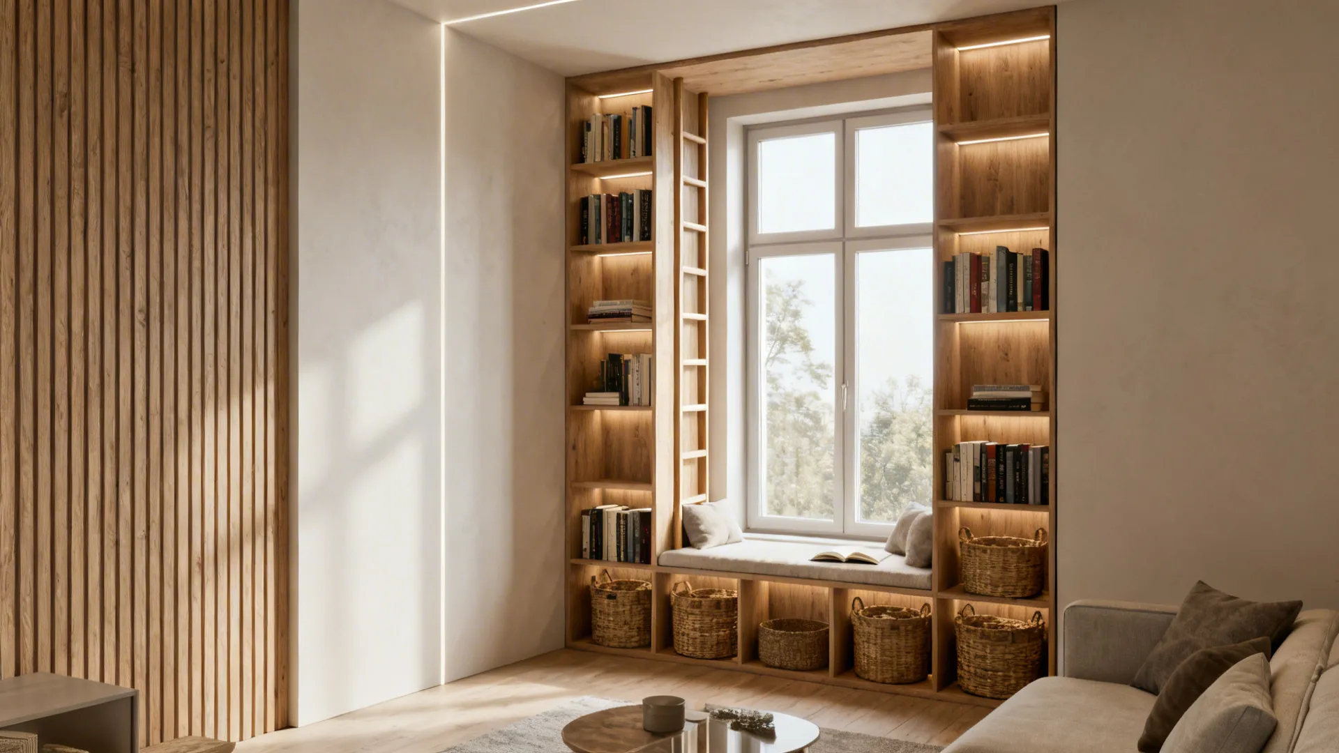 Tall built-in shelving wrapping a window to create a reading nook and maximize vertical storage.