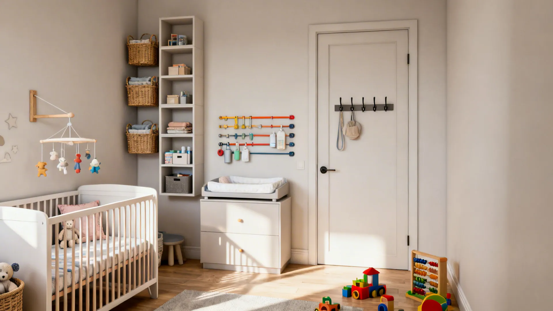 Vertical storage in a nursery with wall baskets, high cubbies and magnetic rails, keeping the floor clear.