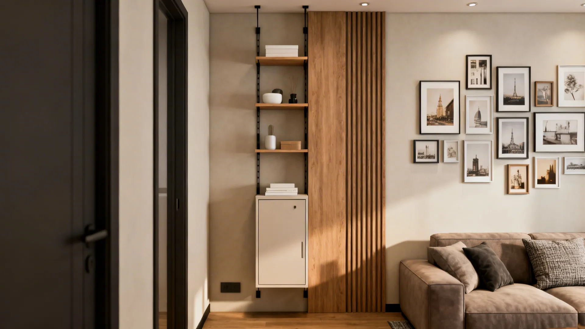 Slim wall-mounted shelves and vertical cabinets organizing a small living room without using floor space.