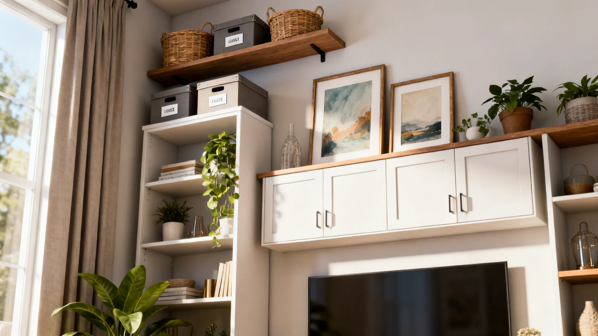 Tall shelving and wall cabinets in a small living room drawing the eye upward