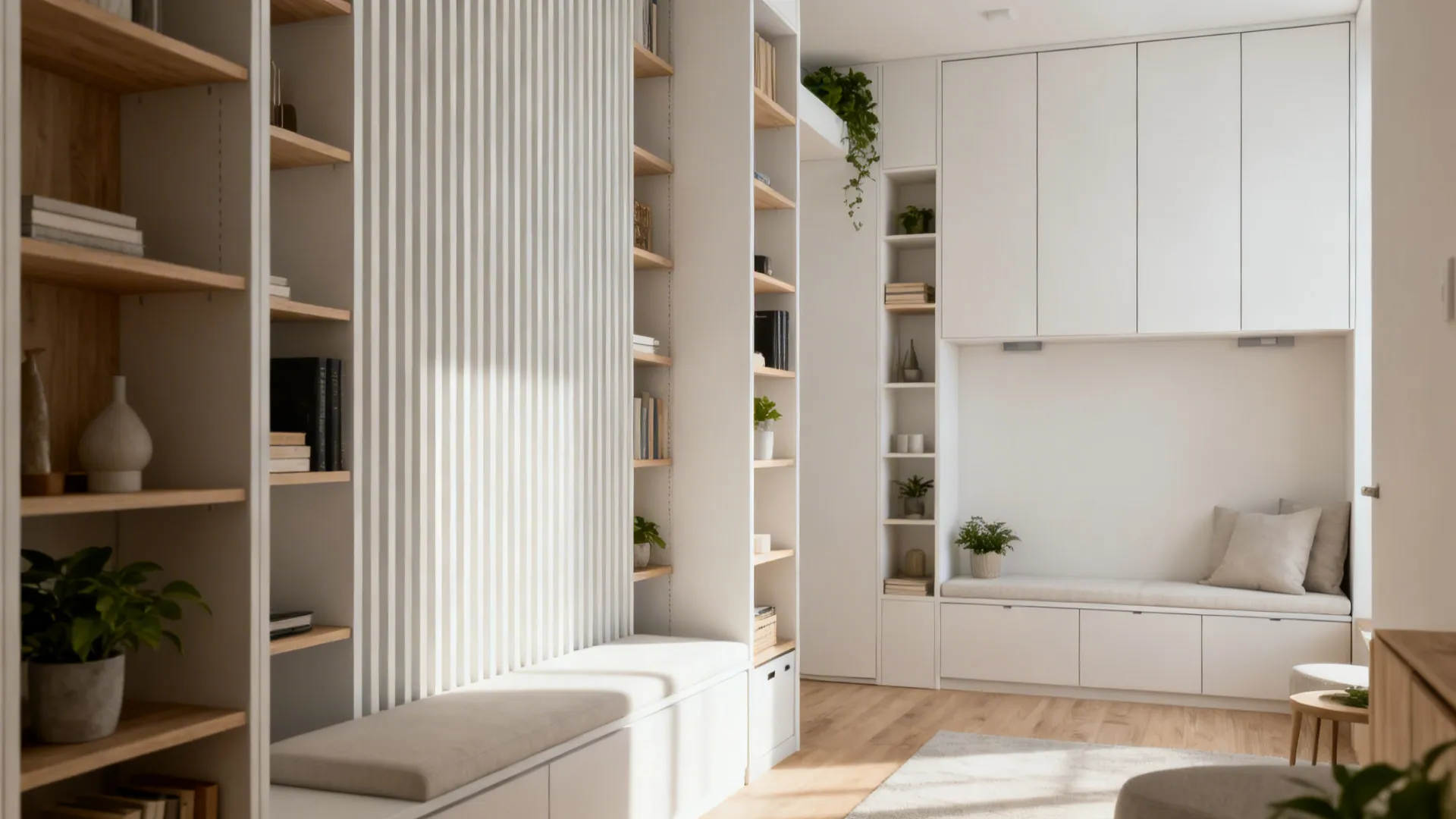 Compact living room with tall narrow shelving and wall-mounted cabinets paired with low-profile seating.