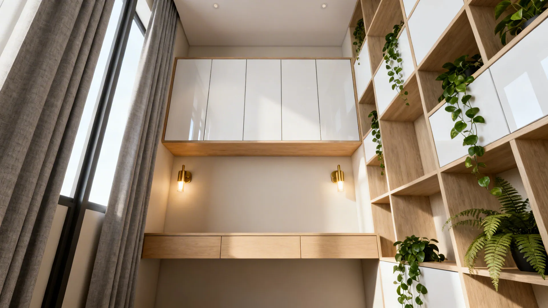 Small living room with tall open shelving, floating cabinets, and wall lights drawing the eye upward