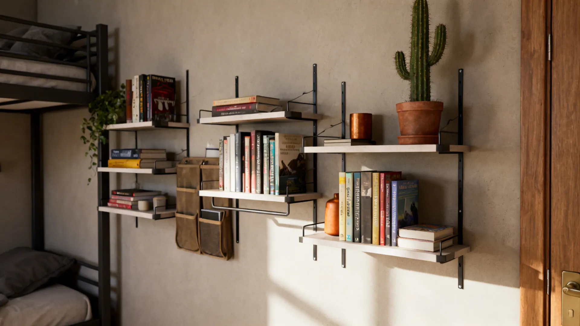 Wooden wall shelves holding books and a potted cactus next to a black bunk bed