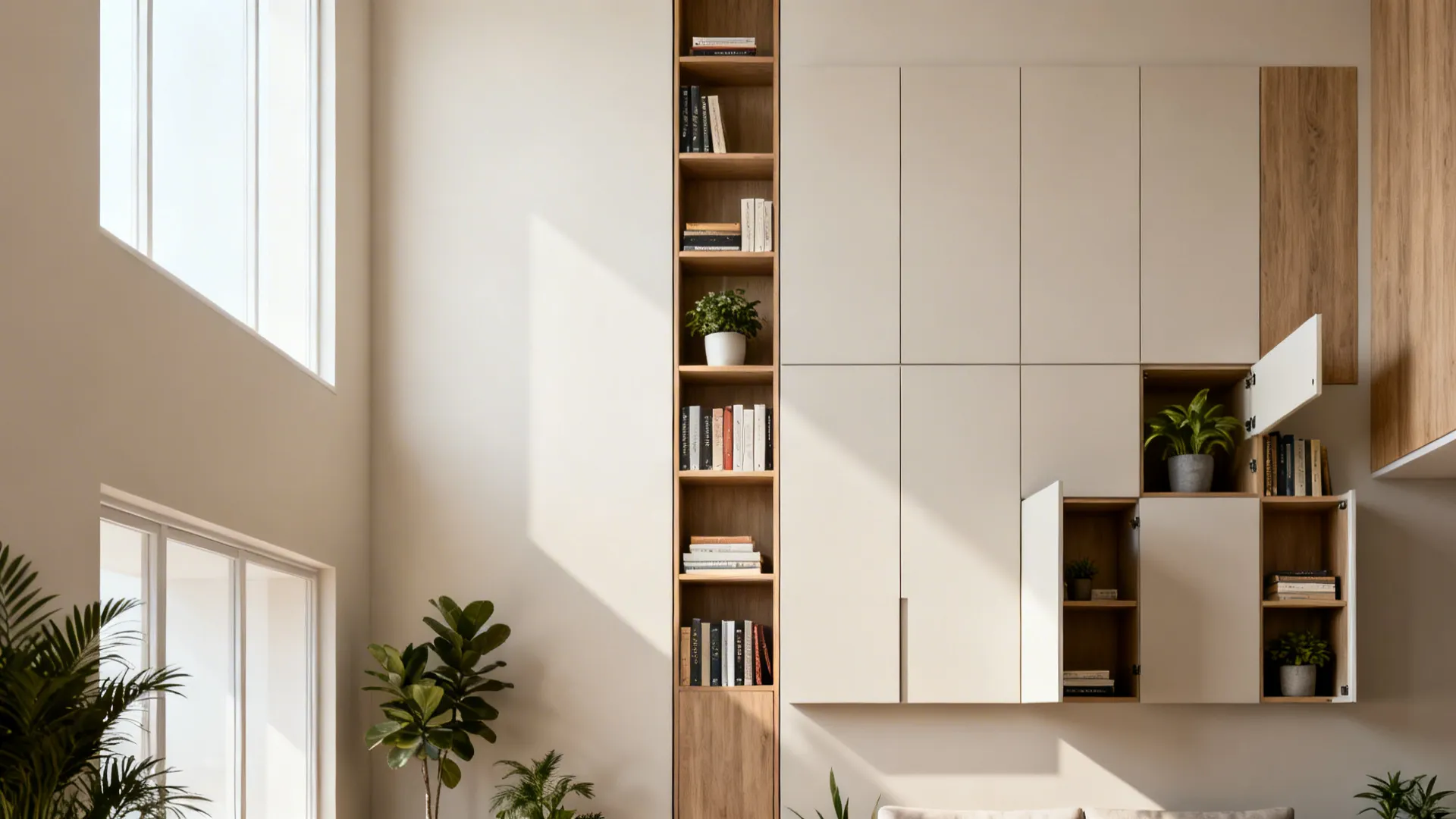 Slim floor-to-ceiling shelving and wall cabinets creating vertical storage and display