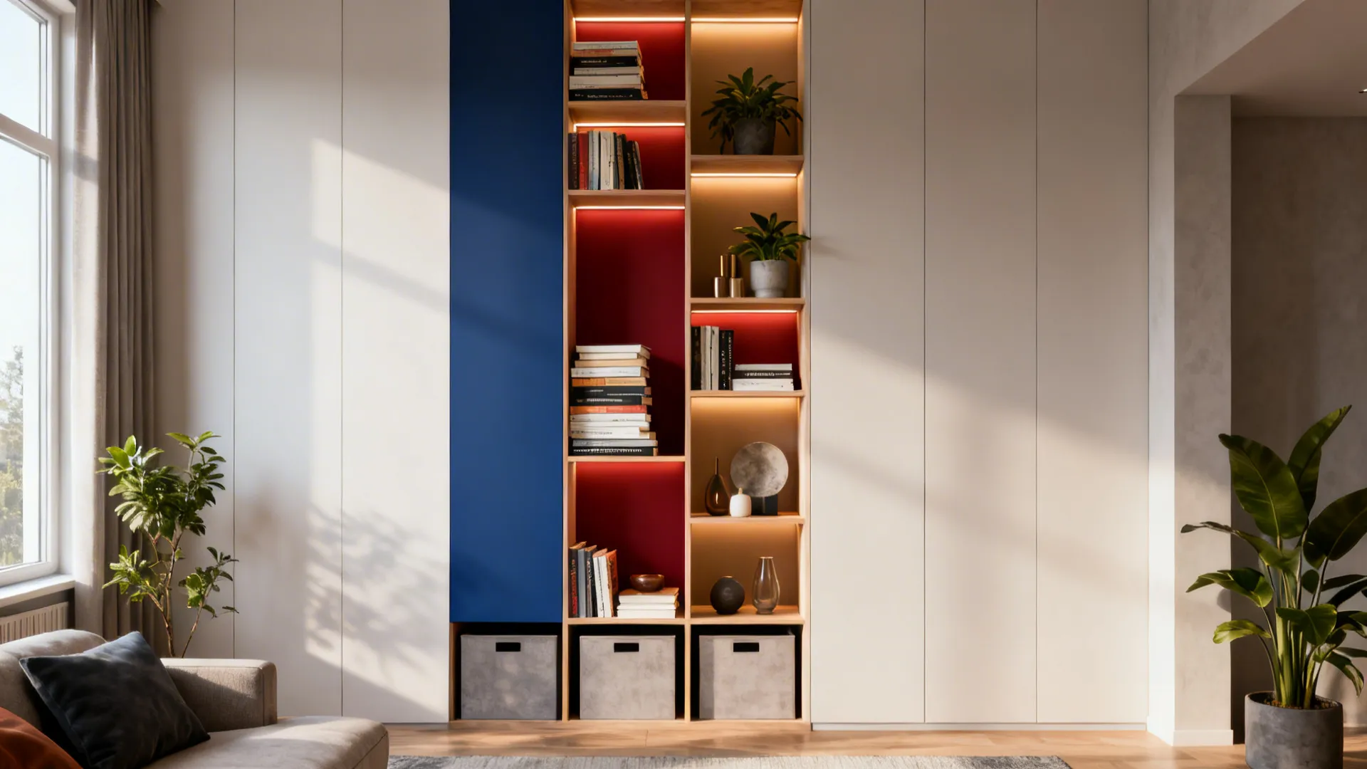 Large white wall cabinet featuring built-in shelves with books plants and colorful red blue panels