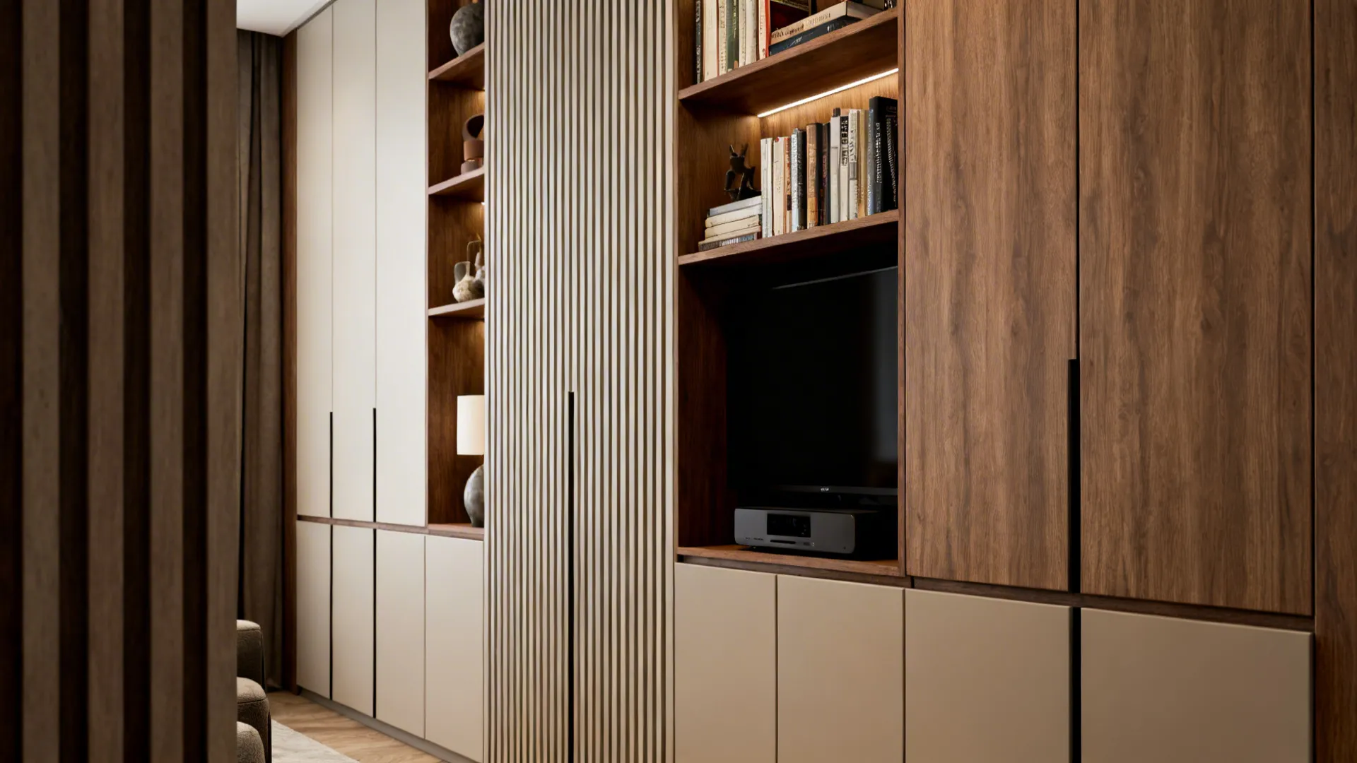 Modern wall cabinet with wood shelves, beige doors, books, television, and small interior light fixture
